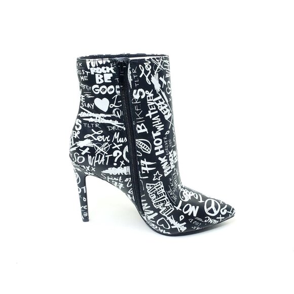 Aldo High Heel Stiletto Booties Graffiti Pointed Toe Black White Womens US 6.5 - Picture 2 of 6